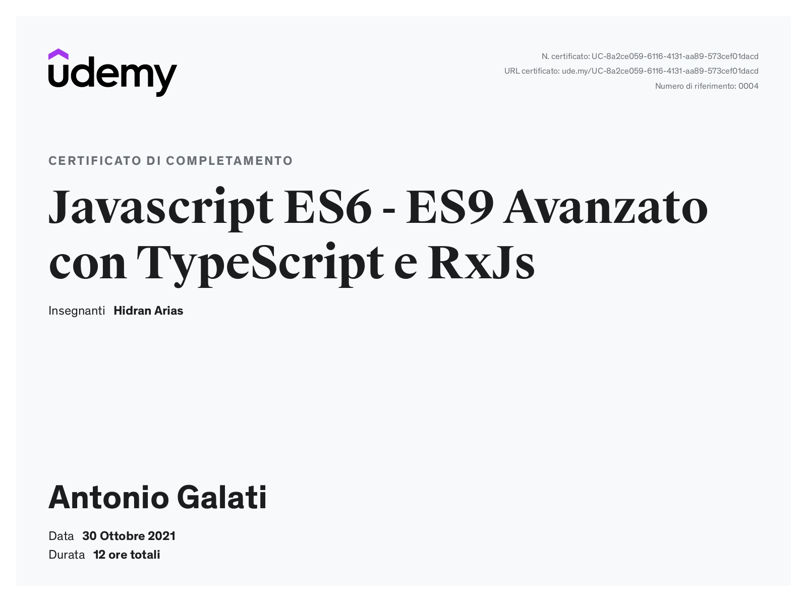Completamento corso Javascript ES6-ES9 avanzato con TypeScript e RxJS